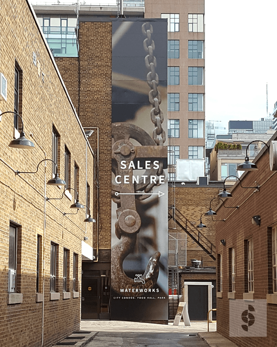 SenSigns's tweet photo. Throwback Thursday to 2016. Our vertical Sales Centre signage went up on the Waterworks building in downtown Toronto, announcing City Condos, Food Hall, and Park to the neighbourhood. Sensational Quality. Sensational Service. Pointing you in the right direction for over 25 years. https://t.co/A9ajIwsP0L