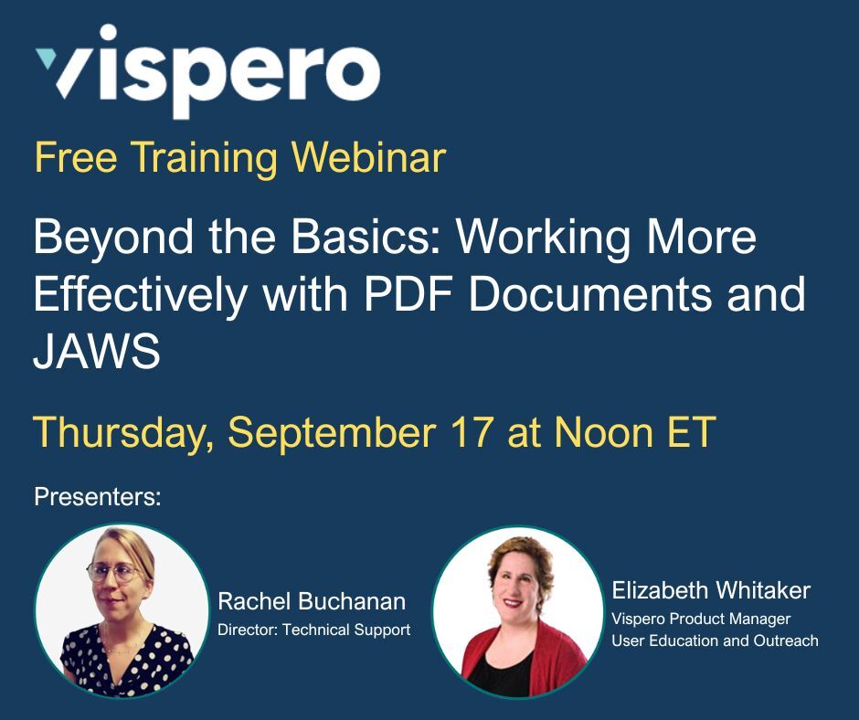 Vispero_HQ's tweet photo. Starting in one hour! Join us today at Noon ET to learn practical tips for navigating PDFs, completing forms, and more.
ACVREP credits available during the live presentation.
Register now: https://t.co/K3y5mXdnY5
#JAWS #ScreenReader #VisperoTraining #ACVREP https://t.co/6Ry3h3qhoG
