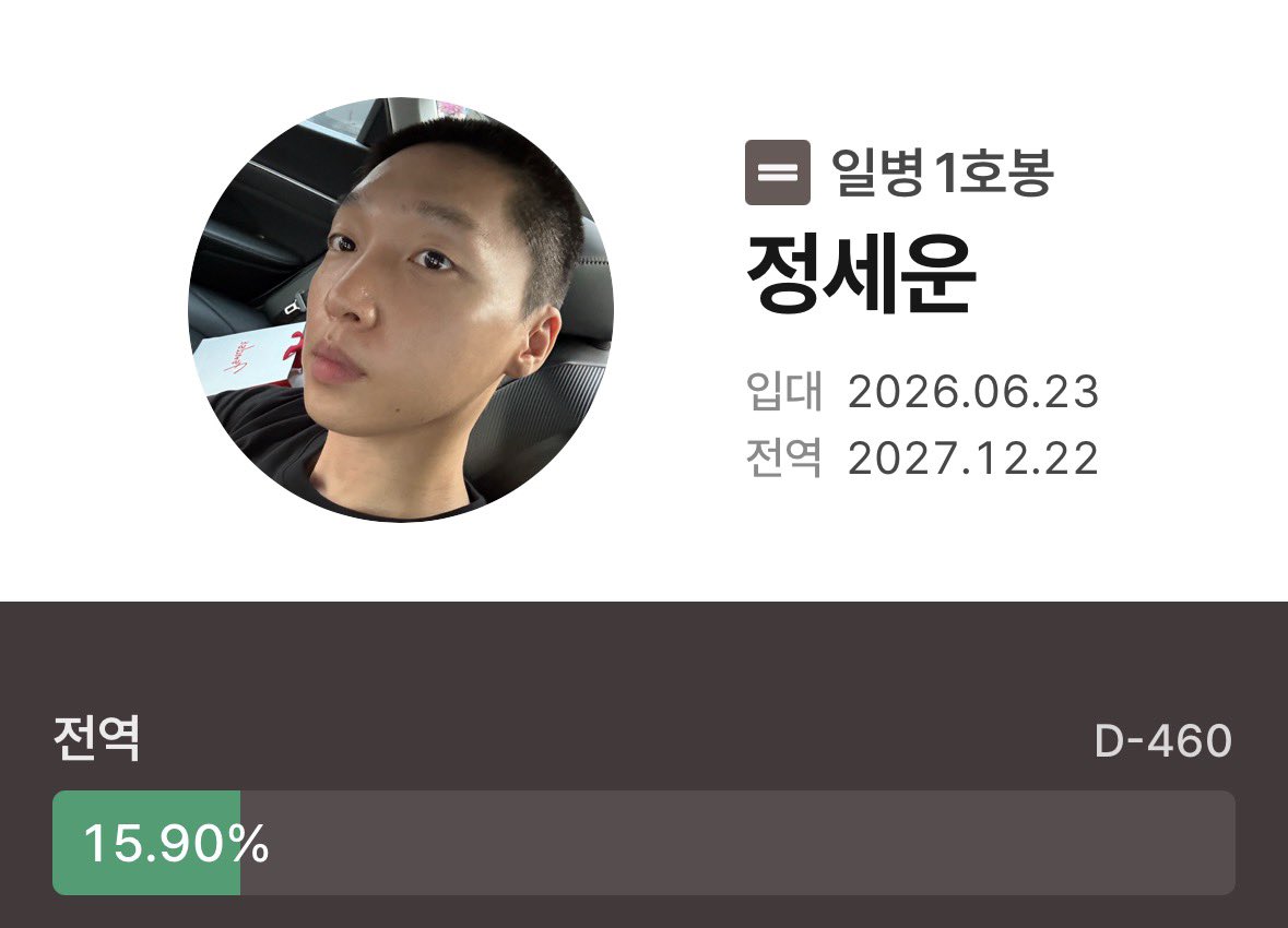 daysforsw's tweet photo. 2026년 9월 18일 금요일,
정세운 전역까지 460일 남았습니다. https://t.co/LOGk422oDj