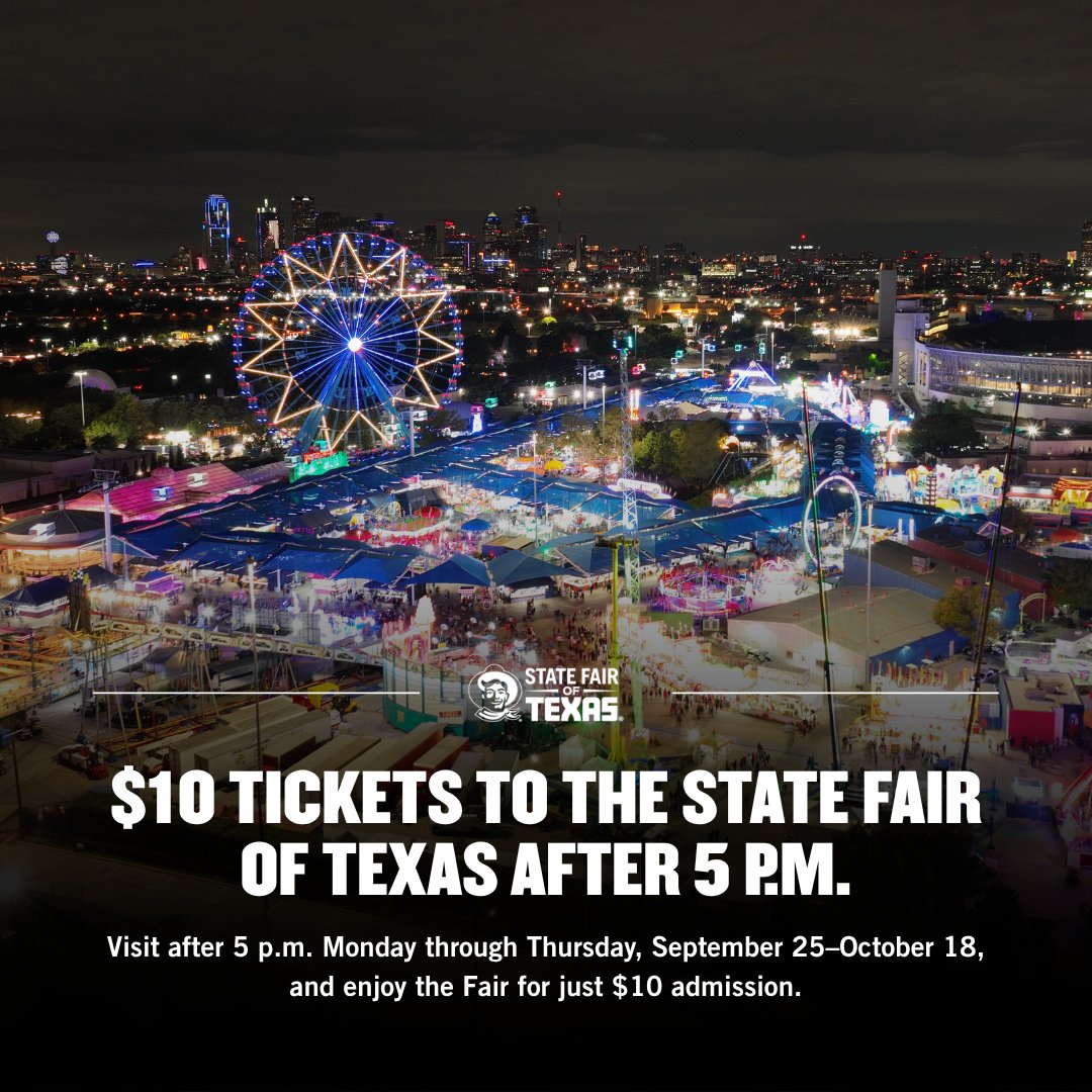 CultureMapDAL's tweet photo. Promo Alert: $10 tickets to the State Fair of Texas! Visit after 5 pm Monday–Friday and enjoy award-winning food, live music, rides, games, and more: https://t.co/Ee9dKBFqNn https://t.co/6cM5UoJcwO
