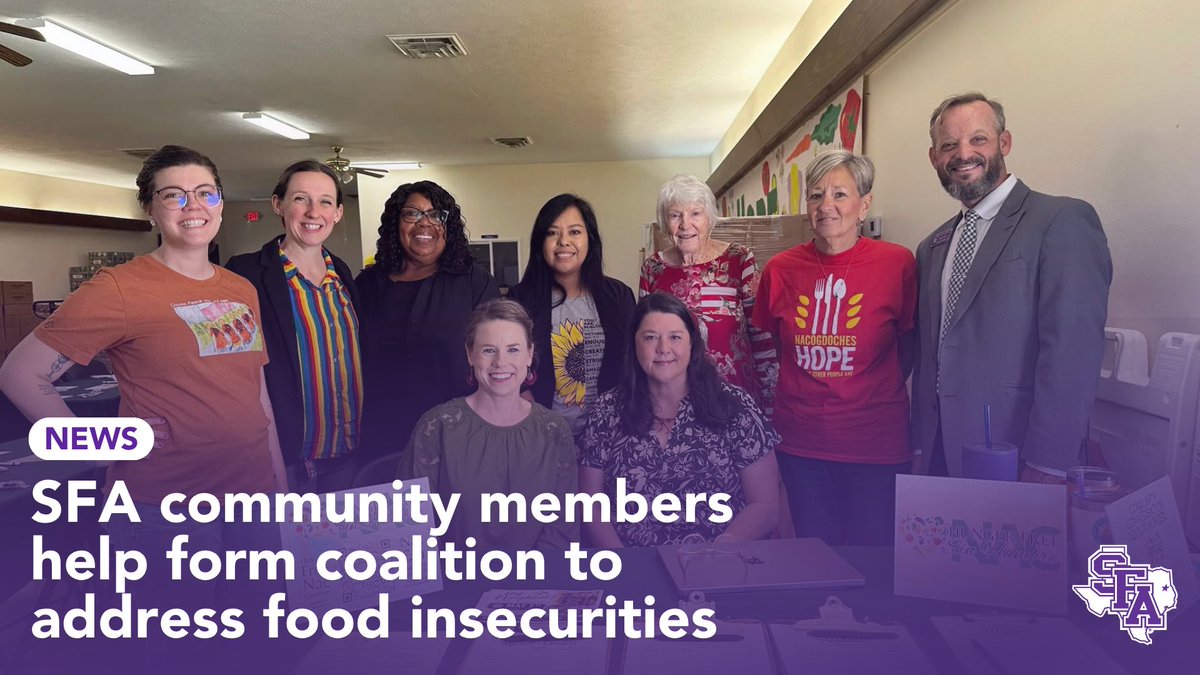 SFASU's tweet photo. Stronger communities start with working together. 💜

SFA faculty, students and community members are joining leaders across Nacogdoches County through Hunger Free Nacogdoches Sin Hambre, a new coalition bringing organizations and resources together to address food insecurity throughout our community.

The coalition includes nonprofits, feeding ministries, educators, researchers, businesses and community organizations working toward a shared goal: making nutritious food more accessible to those who need it.

Learn more about the Lumberjacks helping lead this effort: https://t.co/AYjNP02L3J

#AxeEm