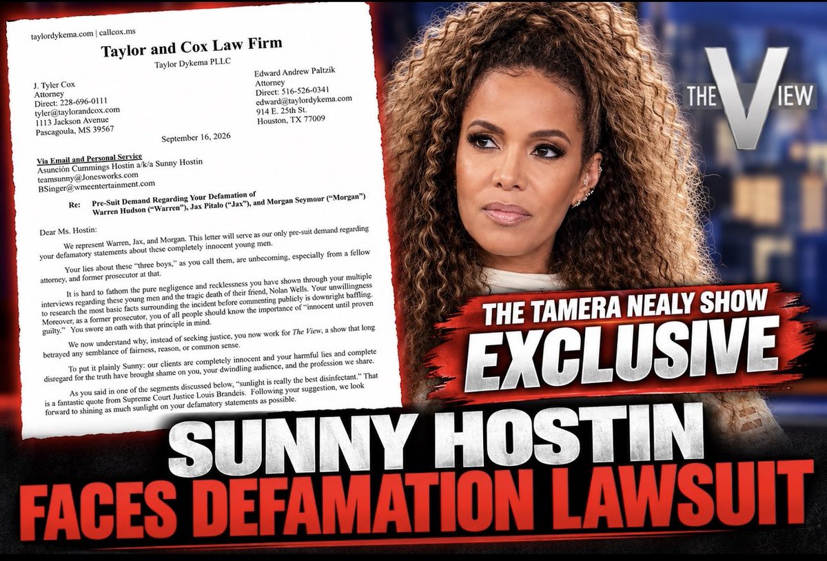 tnnealy02's tweet photo. BREAKING 🚨 THE TAMERA NEALY SHOW EXCLUSIVE

I have exclusively obtained a 27-page pre-suit demand letter sent to Sunny Hostin on behalf of Nolan Wells’ friends, Warren Hudson, Jax Pitalo, and Morgan Seymour.

According to the letter, attorneys Edward Andrew Paltzik and J. Tyler Cox are demanding that Hostin apologize, retract, and delete statements they allege were defamatory regarding the three young men and the death of Nolan Wells.

The attorneys specifically point to comments Hostin made on The View and Behind the Table, including her discussion of the “three boys” who were with Nolan and questions surrounding Nolan’s phone and the investigation.

The letter alleges that Hostin’s statements falsely suggested serious wrongdoing involving Warren, Jax, and Morgan, including potential involvement in murder, hindering prosecution, and tampering with physical evidence.

The attorneys also raise what they describe as a conflict involving Hostin’s longtime relationship with attorney Ben Crump, who represents Nolan Wells’ family. The letter also references Hostin’s statement that her daughter was interning at Crump’s law firm.

The attorneys are demanding a public apology and retraction, deletion of the challenged statements, and written confirmation that the requested corrective actions have been taken.

And there’s a 10-day deadline.

If Hostin and her attorneys do not respond within 10 days of being served, the letter states that the attorneys will proceed accordingly and litigation will become necessary.

I have the FULL 27-PAGE DOCUMENT and will be attach the pages so you can read the letter and the attorneys’ allegations, factual claims, legal analysis, and demands for yourselves.

This is a Tamera Nealy Show exclusive.

This is a pre-suit demand letter, not a filed lawsuit. The allegations and factual assertions in this post are those made by the attorneys representing Warren Hudson, Jax Pitalo, and Morgan Seymour.