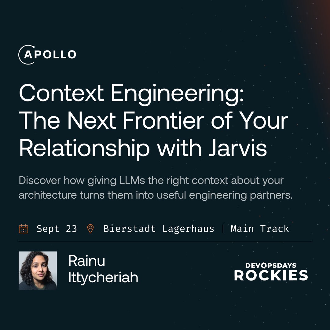 apollographql's tweet photo. Catch Apollo's Rainu Ittycheriah at @DevOpsDaysRox 2026 🏔️

"Context Engineering: The Next Frontier of Your Relationship with Jarvis" covers how she built dynamic architecture diagrams and schemas that give LLMs the right context for real engineering work.

🗓️ Sept 23, 9:45am MT

Going? Comment below 👇