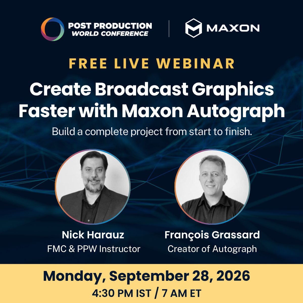 FMC_Conferences's tweet photo. Learn Autograph from its creator. François Grassard joins Nick Harauz for a free live broadcast graphics workflow Sep 28 at 4:30 PM IST. Recording + file included:
Register for free:https://t.co/CYetUpun4v
#MaxonAutograph @MaxonVFX https://t.co/wbvtmHLhGA