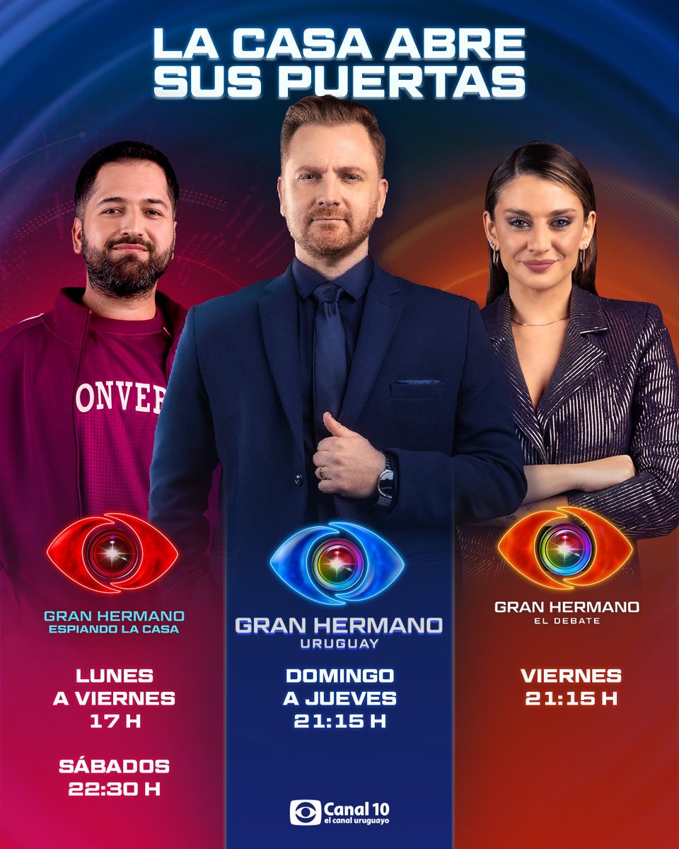 canal10uruguay's tweet photo. 🚨 ¡LA CASA ABRE SUS PUERTAS! 🚨

Ya casi... #GranHermanoUY está por arrancar y te dejamos la grilla completa para que no te pierdas ni un segundo de lo que va a pasar ahí adentro 👁️👀

📅 GUARDATE ESTOS HORARIOS:

🏠 GRAN HERMANO - ESPIANDO LA CASA
Lunes a Viernes 17 h.
Sábados 22:30 h.

🏠 GRAN HERMANO URUGUAY
Domingo a Jueves 21:15 h.

🏠 GRAN HERMANO - EL DEBATE
Viernes 21:15 h.

Toda la semana, a toda hora, la casa nunca duerme 💙📺
¡Nos vemos ESTE DOMINGO 21:15 h. por el 10!

#GranHermanoUY 🇺🇾👁️👌