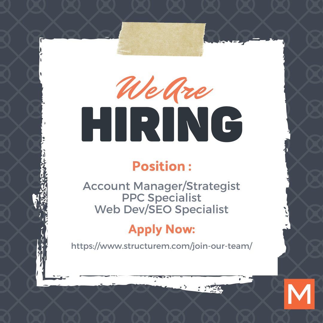 StructureM's tweet photo. We’re growing, and we’re hiring.

StructureM is looking for thoughtful, driven people to join our team in these roles:

• Account Manager / Specialist
• PPC Specialist
• Web Development / SEO Specialist

Apply here: https://t.co/mxRxHAiq67 https://t.co/y2oFAhJTBX