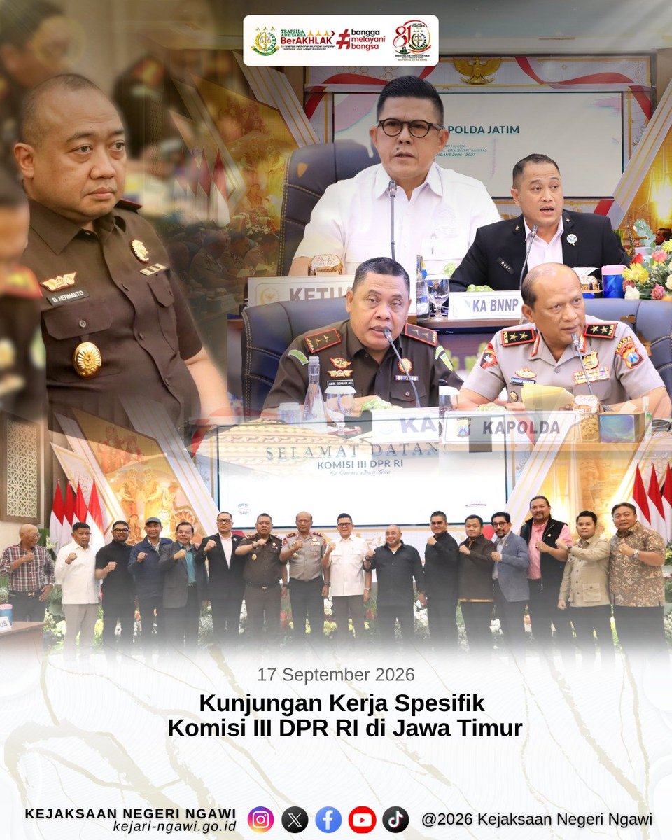 Kejaringawi's tweet photo. Kamis, 17 September 2026

Kepala Kejaksaan Negeri Ngawi, Bapak B. Hermanto, S.H., M.H., menghadiri Kegiatan Kunjungan Kerja Spesifik Komisi III DPR RI di Jawa Timur yang berlangsung di Gedung Mahameru Mapolda Jatim, Surabaya. https://t.co/oLxmr9XL9Y