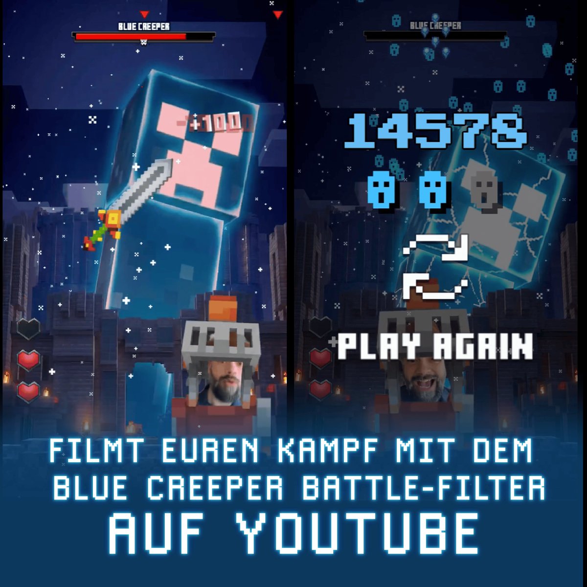 MinecraftDACH's tweet photo. Die Oberwelt braucht EUCH! Stellt euch dem blauen Creeper - so könnt ihr mitkämpfen:

🔵 Nutzt den offiziellen Minecraft Blue Creeper Battle-Filter auf YouTube
🔵 Bekämpft Creeper direkt in Minecraft
🔵 Seid vor Ort auf der Tokyo Game Show dabei

Besiegt den blauen Creeper. Rettet die Welt: https://t.co/4JKr7lm3vu