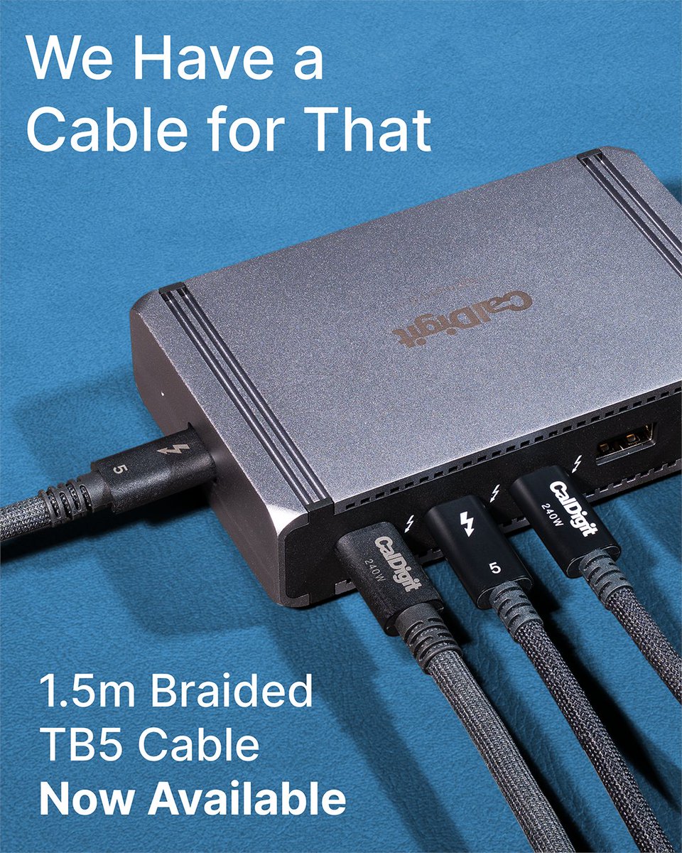 CalDigit's tweet photo. Our new 1.5m Thunderbolt cables means we now have cables every half meter from 0.5 meters (about 1.5 feet) all the way up to 2 meters (about 6 feet).
Get your cable here:  https://t.co/53gTxcJq0o https://t.co/RDhvfuT1vE