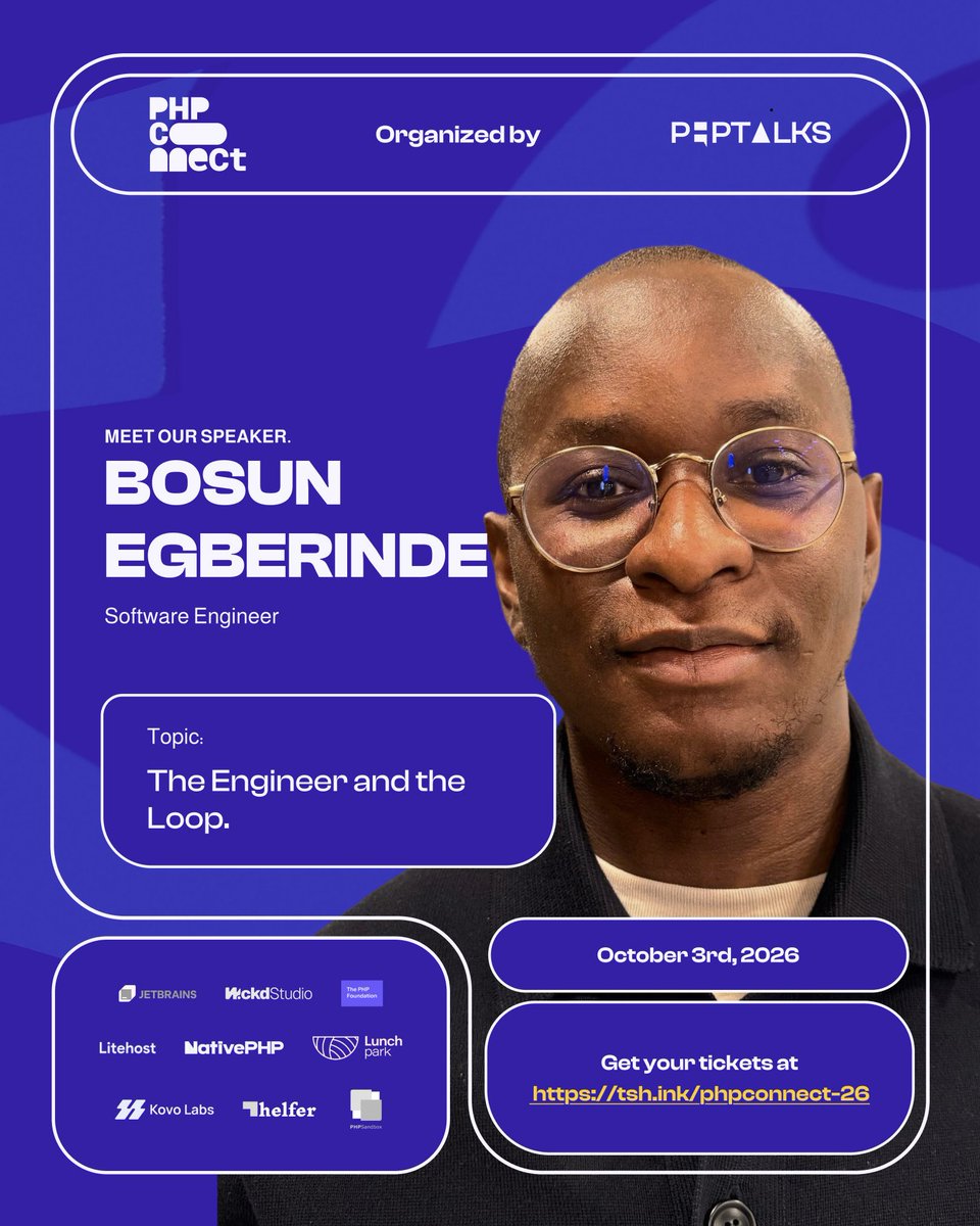 PhpTalks's tweet photo. @bosunski is speaking at #PHPCONNECT2026, and we couldn't be more excited. https://t.co/83clJYW0mQ