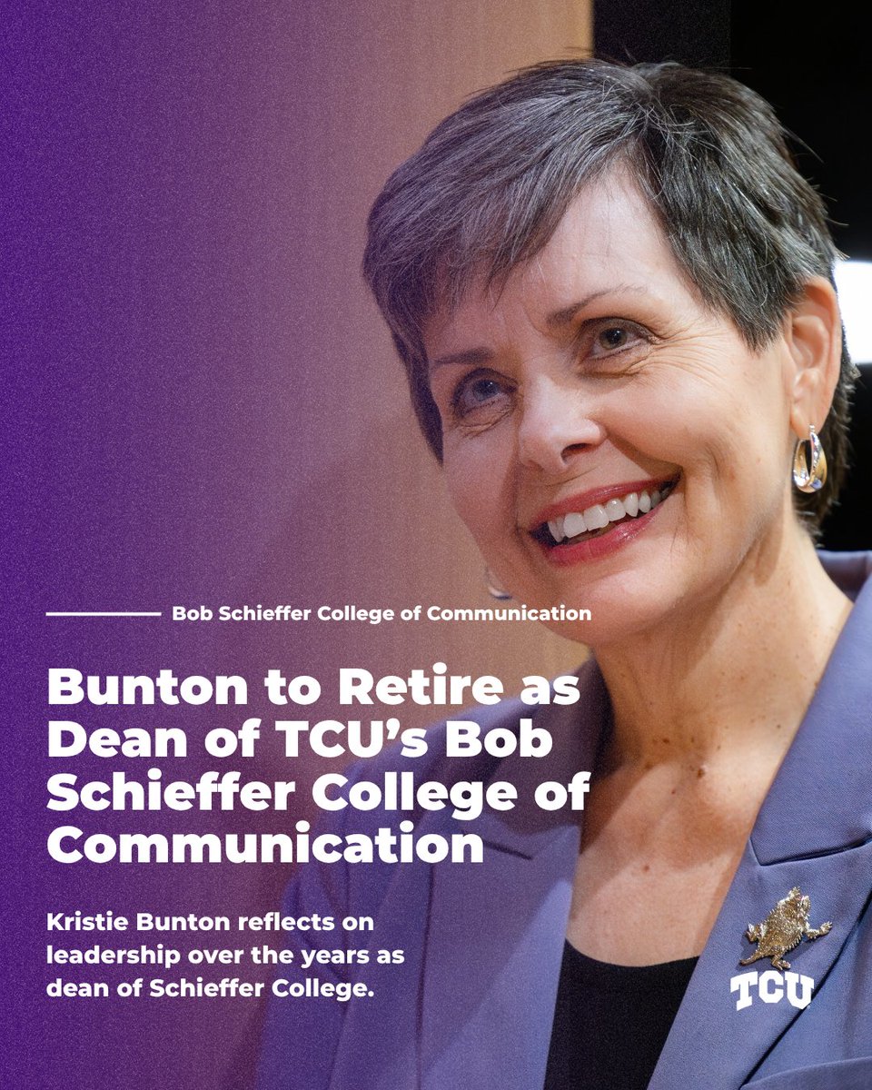 TCUSchieffer's tweet photo. Dean Kristie Bunton has announced she will retire as dean of the Bob Schieffer College of Communication in May 2027 after 12 years of leadership💜

Read more about her legacy and her 40-year career in higher education: https://t.co/5BoZVlwpC9 https://t.co/o87QWGinff