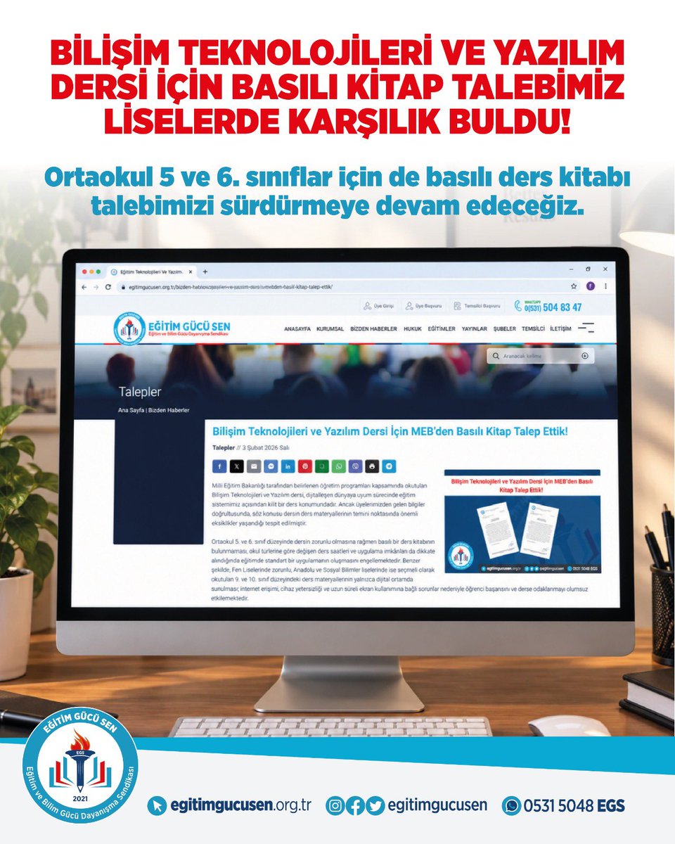 egitimgucusen's tweet photo. Bilişim Teknolojileri ve Yazılım dersinde yaşanan materyal eksikliğinin giderilmesi için yaptığımız başvuru karşılık buldu.

Lise 9 ve 10. sınıflar için talep ettiğimiz basılı ders kitapları öğrencilerimize ulaştırıldı.

Talebimizin lise kademesinde karşılık bulmasında gösterdikleri hassasiyet dolayısıyla Millî Eğitim Bakanlığı Destek Hizmetleri Genel Müdürlüğüne teşekkür ediyoruz.

Şimdi sırada ortaokullar var.

5 ve 6. sınıflarda devam eden basılı ders kitabı ihtiyacının da giderilmesi için girişimlerimizi ve takibimizi sürdüreceğiz.

Öğrencilerimizin nitelikli eğitim materyallerine eşit şekilde ulaşması, bilişim teknolojileri öğretmenlerimizin derslerini gerekli materyallerle yürütebilmesi için konunun takipçisiyiz.

📌Detaylar için web sitemizi ziyaret edebilirsiniz.

🔗https://t.co/uCXoLpY5Zb