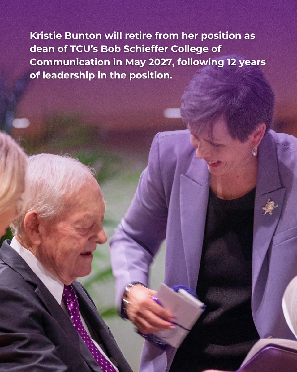 TCUSchieffer's tweet photo. Dean Kristie Bunton has announced she will retire as dean of the Bob Schieffer College of Communication in May 2027 after 12 years of leadership💜

Read more about her legacy and her 40-year career in higher education: https://t.co/5BoZVlwpC9 https://t.co/o87QWGinff