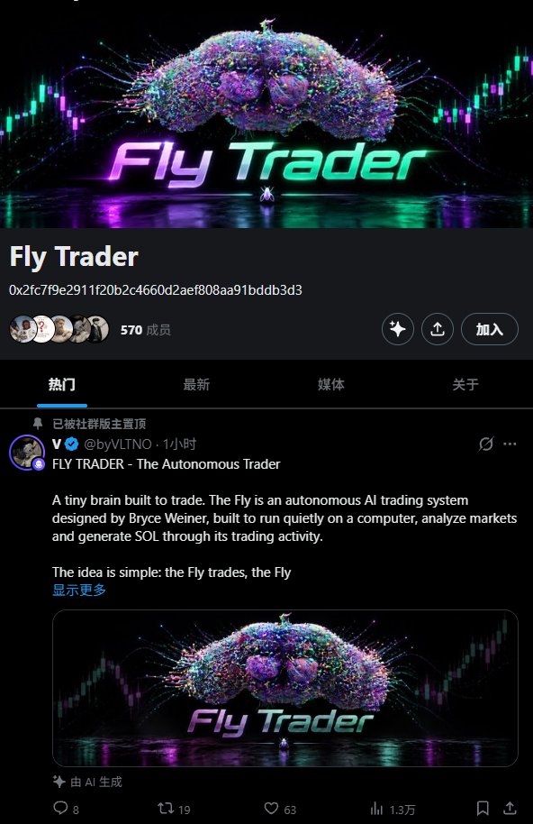 Mikocrypto11's tweet photo. $FLY｜市值约 $623.48K
CA：0x2fc7f9e2911f20b2c4660d2aef808aa91bddb3d3

https://t.co/kDroMtR2HP

FLY 的叙事比较特别：官网把它描述成一个用果蝇神经连接组训练交易策略的实验项目。它使用 FlyWire 的果蝇连接组，包含约 139,255 个神经元和 270 万条连接，尝试让这套模型参与 Robinhood Chain 上的 Meme 交易

所以它不是普通的“飞起来”概念，而是“果蝇大脑学会交易”这层反差。官网明确把项目定义为开源、实验性项目，并没有承诺收益。

X 上已经有人把它和其他 AI Agent、交易机器人以及 Robinhood Chain 生态放在一起讨论，但目前没有证据证明它能稳定盈利

这个叙事的优势是具体、容易视觉化，也能同时吃到 AI、交易和动物 Meme 三层注意力

真正需要观察的是交易策略有没有公开记录，模型是否持续运行，以及所谓的交易结果能不能回到链上或官网验证

GMGN 显示合约已开源，未检测到 Honeypot，创建者余额为 0，并标记所有权已放弃
风险在于机器人交易占比约 71.1%，诱导交易指标约 52.9%，流动性约 $68.4K；GMGN 对池子 blackhole 和锁定字段的显示存在不一致，mint 权限也未完全显示为放弃。实验项目、低流动性和高频交易都可能带来较大的价格波动

目前市值约 $623.48K，24H 成交约 $1.92M
DYOR