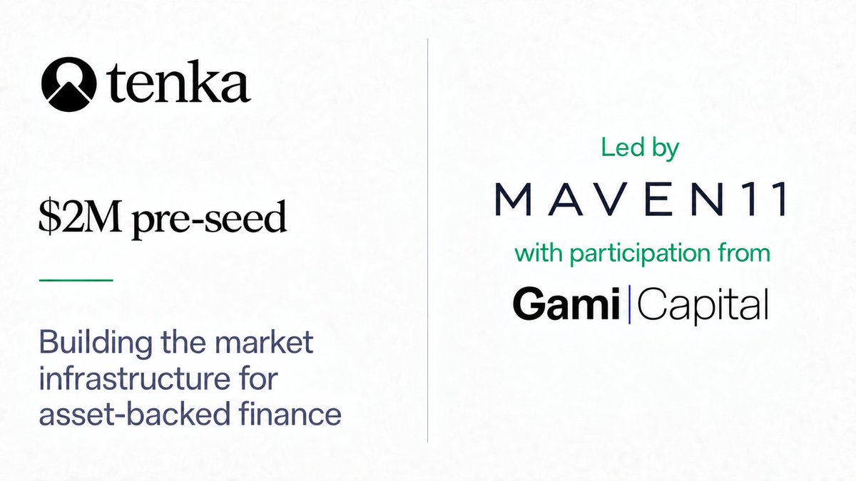 goitbykojiro's tweet photo. Today, we’re announcing Tenka’s $2M pre-seed round, led by @Maven11Capital with participation from @Gami_Capital to build the market infrastructure for asset-backed finance, from book-building to secondary transactions. https://t.co/MKxUODu8gI