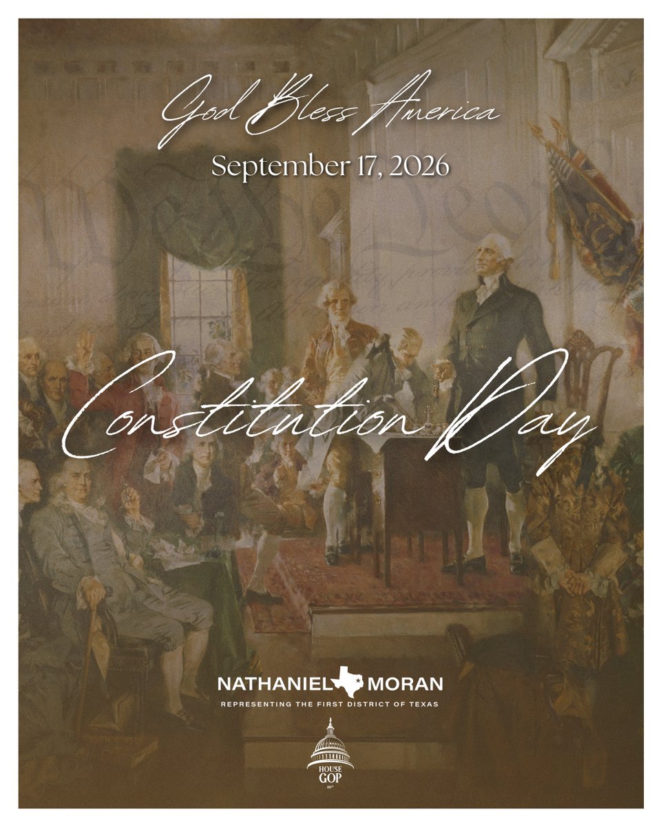 A sepia-toned political commemorative poster over a historical painting of people gathered in a formal assembly room. It includes prominent decorative lettering, a date, a politician's name and district information, and a government-related logo.