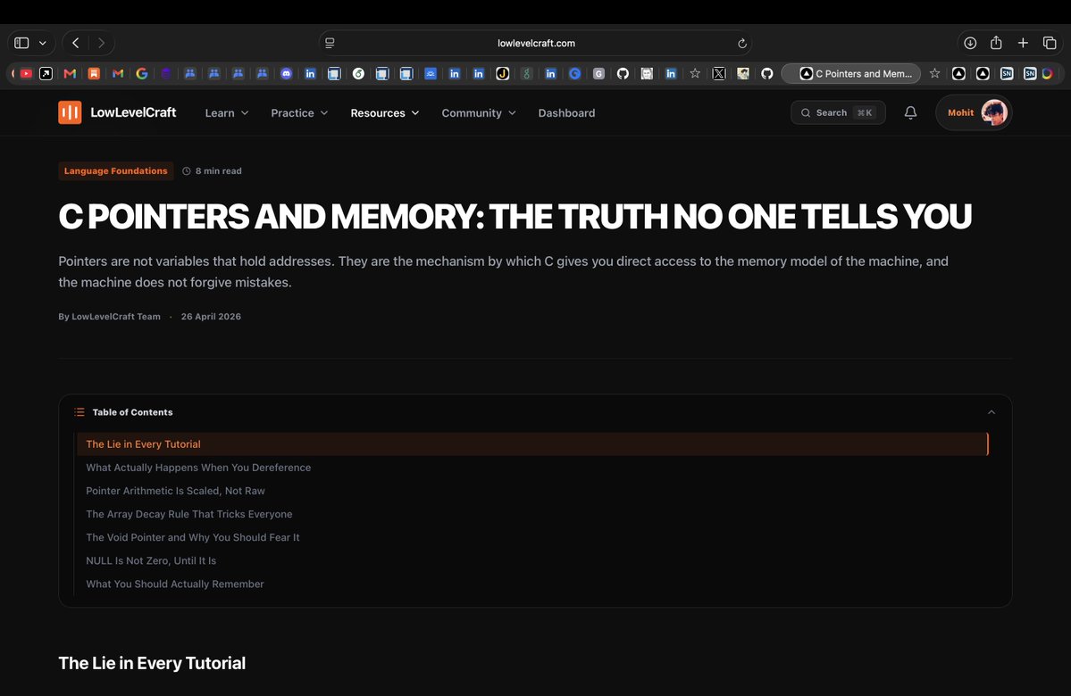chessMan786's tweet photo. C POINTERS AND MEMORY: THE TRUTH NO ONE TELLS YOU
Pointers are not variables that hold addresses. They are the mechanism by which C gives you direct access to the memory model of the machine, and the machine does not forgive mistakes.

Link: https://t.co/SqjnbnkX3R