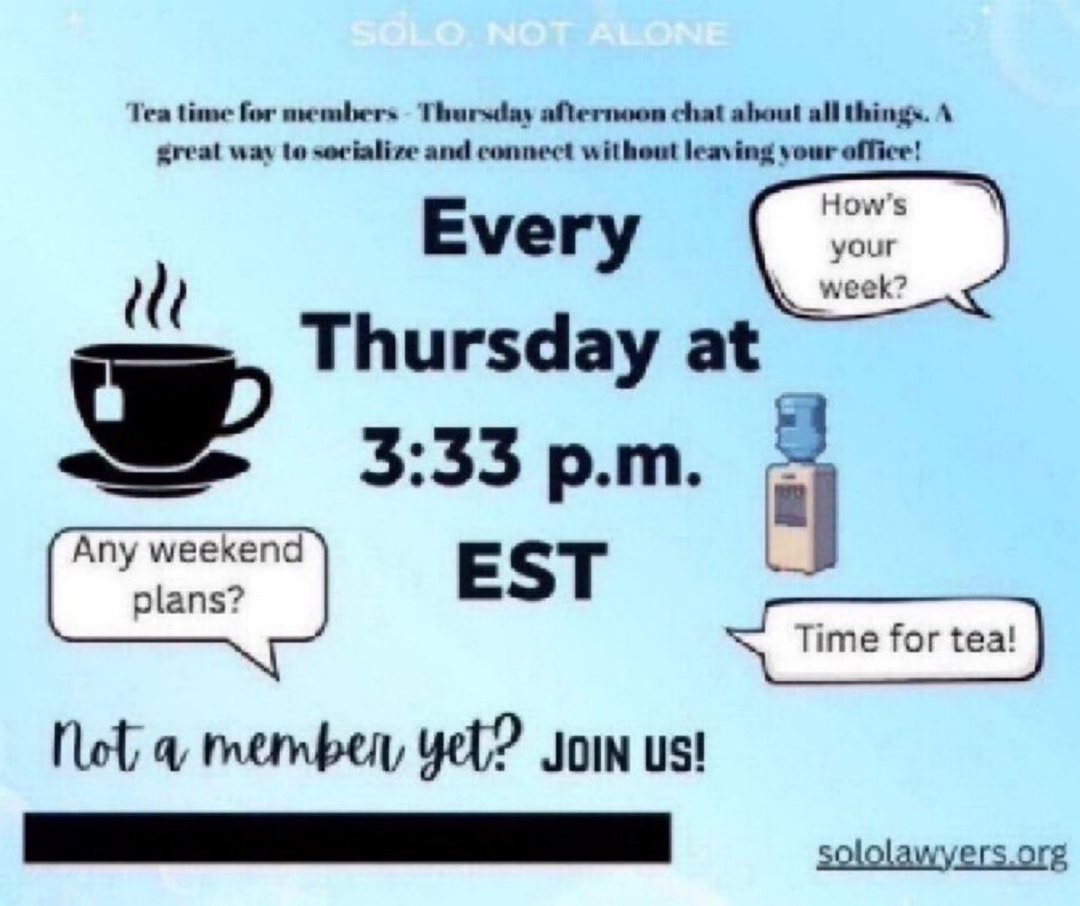 sololawyersorg's tweet photo. Happy Thursday!  🙌🏻🌸 Looking forward to #TeaTime!  See everyone this afternoon at 3:33 ET! @sololawyersorg Not a member?  Reach out to @sololawyersorg for link! @AndreaCan @jessicaafoley @plenge3 @jbblawmd @dhogwyn @ayerslaw @Indysoloesq https://t.co/As0JDPrZyW