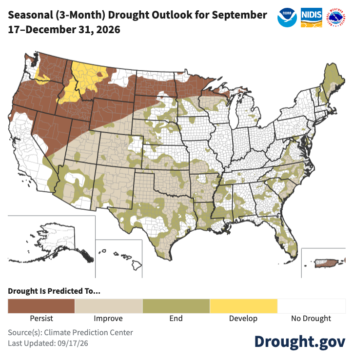 NOAADrought's tweet photo. New Seasonal Drought Outlook by @NOAA's @NWSCPC
Expected drought development: Northwest and N. Rockies

Improvement: Southwest, C. Rockies, Plains (except part of N. Plains), Midwest (except part of the Upper Midwest), East

Otherwise, drought persists. https://t.co/Y3NeatDpDl https://t.co/wNVJmfpsYm