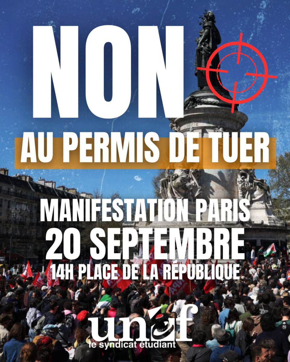 UNEF's tweet photo. Dimanche, à 14h Place de la République et dans toute la France, manifestons contre la loi permis de tuer ! https://t.co/Wqcb0qRkBz