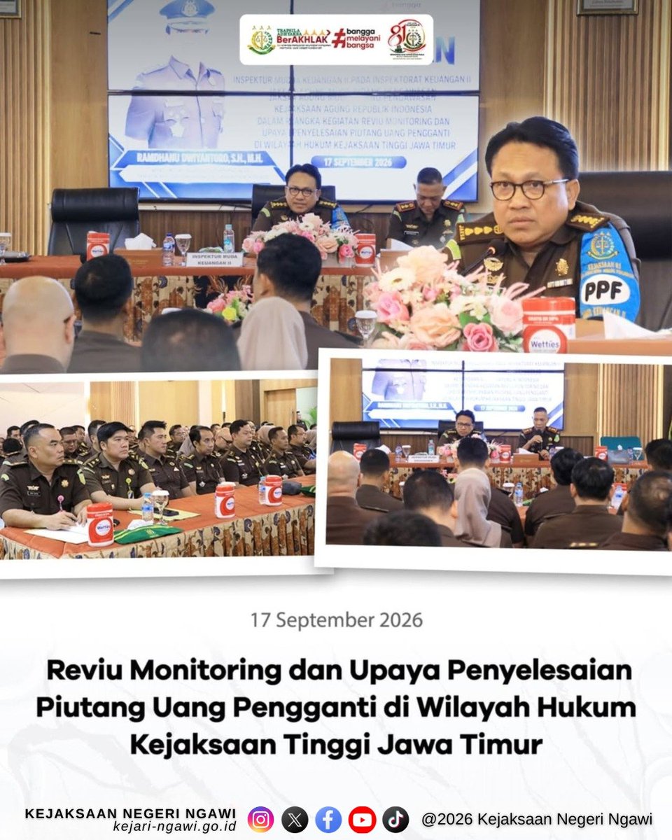 Kejaringawi's tweet photo. Kamis, 17 September 2026

Kejaksaan Negeri Ngawi menghadiri Kegiatan Monitoring dan Upaya Penyelesaian Piutang Uang Pengganti di Wilayah Hukum Kejaksaan Tinggi Jawa Timur yang bertempat di Kantor Kejaksaan Negeri Kabupaten Madiun. https://t.co/4cAdweGnL8