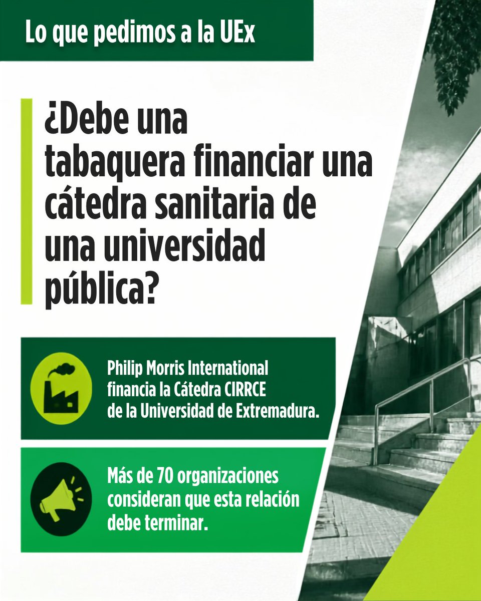 nofumadores's tweet photo. La independencia científica no puede depender de quien financia la cátedra.
Philip Morris financia CIRRCE, en la Universidad de Extremadura. https://t.co/2fa2VM0LXc