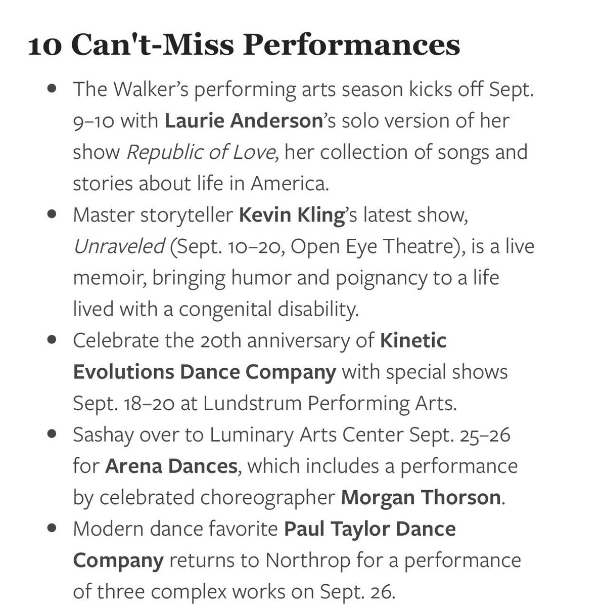 KineticEv's tweet photo. Kinetic Evolutions 20th Anniversary show is listed in Mpls St Paul Magazine’s “Fall Arts: 102 things to do in the Twin Cities” 💃🏻🎟️🕺

We appear under 10 Can’t Miss Performances. Now you really can’t miss our show!

Fri &amp; Sat @ 7pm, Sun @ 2pm
9/18-9/20

Lundstrum Performing Arts https://t.co/DY6UAtSH8L