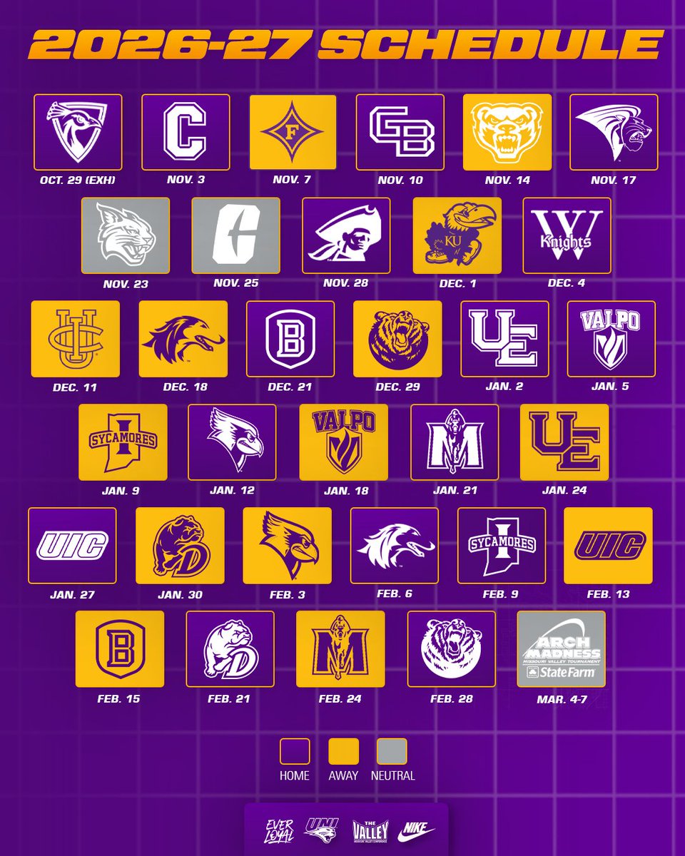 UNImbb's tweet photo. THE NEW ERA STARTS NOW‼️ 

The complete 2026-27 UNI men's basketball schedule is HERE! 🏀 📆 

📰 https://t.co/vkR21x08IE

#EverLoyal | #LegacyEra | #CSR https://t.co/8IlqhlKVEE