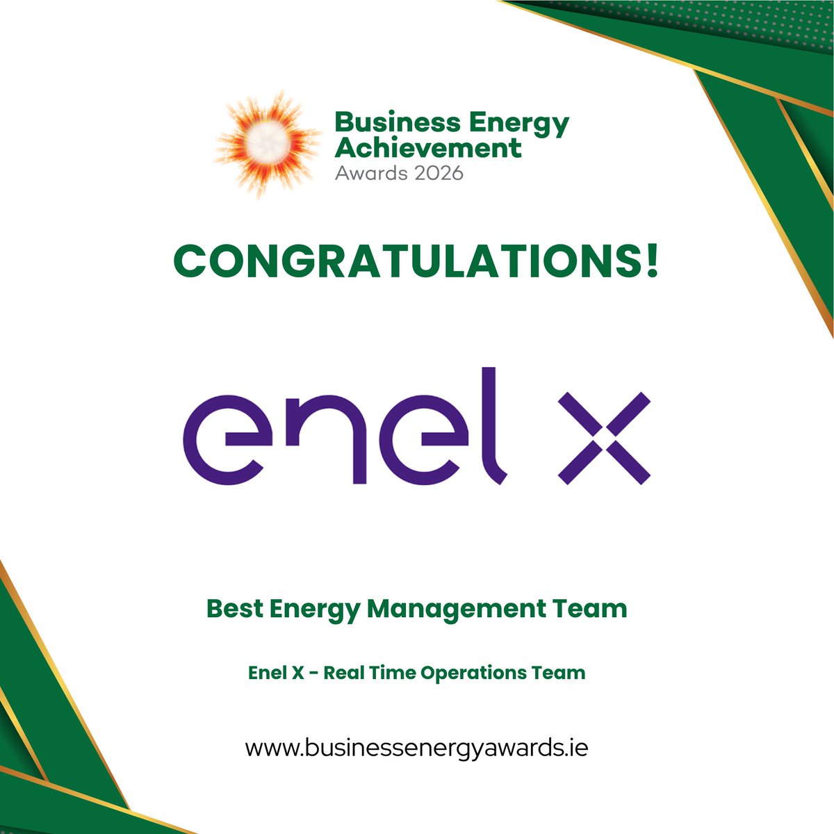 BizEnergyAwards's tweet photo. Enel X has been named winner of Best Energy Management Team at the BEAA 2026. A proud moment for the Real Time Operations Team whose dedication to energy management sets the standard. Discover all of this year's honourees at https://t.co/0jJF4y6Aw2. https://t.co/JSe0ztfyhM