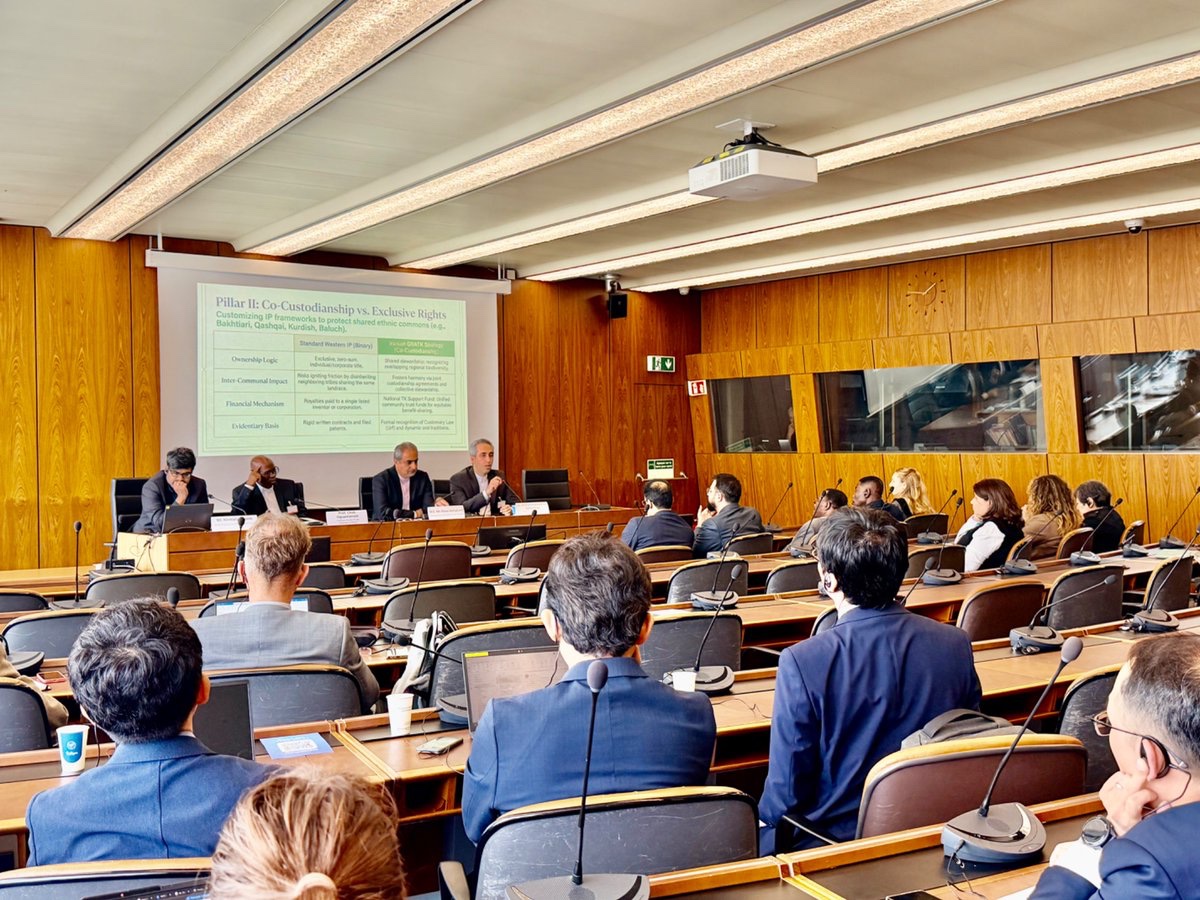 PMIRAN_GENEVA's tweet photo. At a side event entitled “From Adoption to Entry into Force: Advancing Ratification and Effective Implementation of the WIPO #GRATK Treaty,” hosted by the Permanent Mission of #Iran in cooperation with the #SouthCentre on the margins of #WIPO #IGC53, experts discussed various aspects of the Treaty from a Global South perspective.
Iran underscored the Treaty as a landmark achievement of #Multilateralism and a significant step towards a more transparent, balanced and inclusive international #IntellectualProperty system. The focus now must be on translating the #Geneva compromise into meaningful national action, broad ratification and effective implementation, ensuring that this historic achievement delivers tangible results for all.