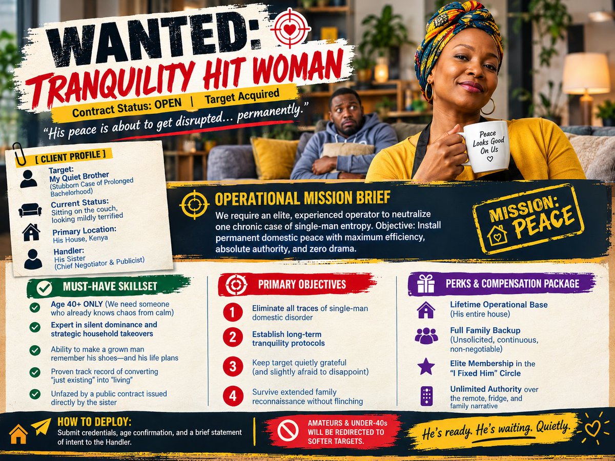 BigbugsKe's tweet photo. WANTED: TRANQUILITY HIT WOMAN
Contract Status: OPEN
Target:  Acquired
"His peace is about to get disrupted... permanently." 🤭

https://t.co/2c3Fme0hx2 https://t.co/CrlKjFtxnb