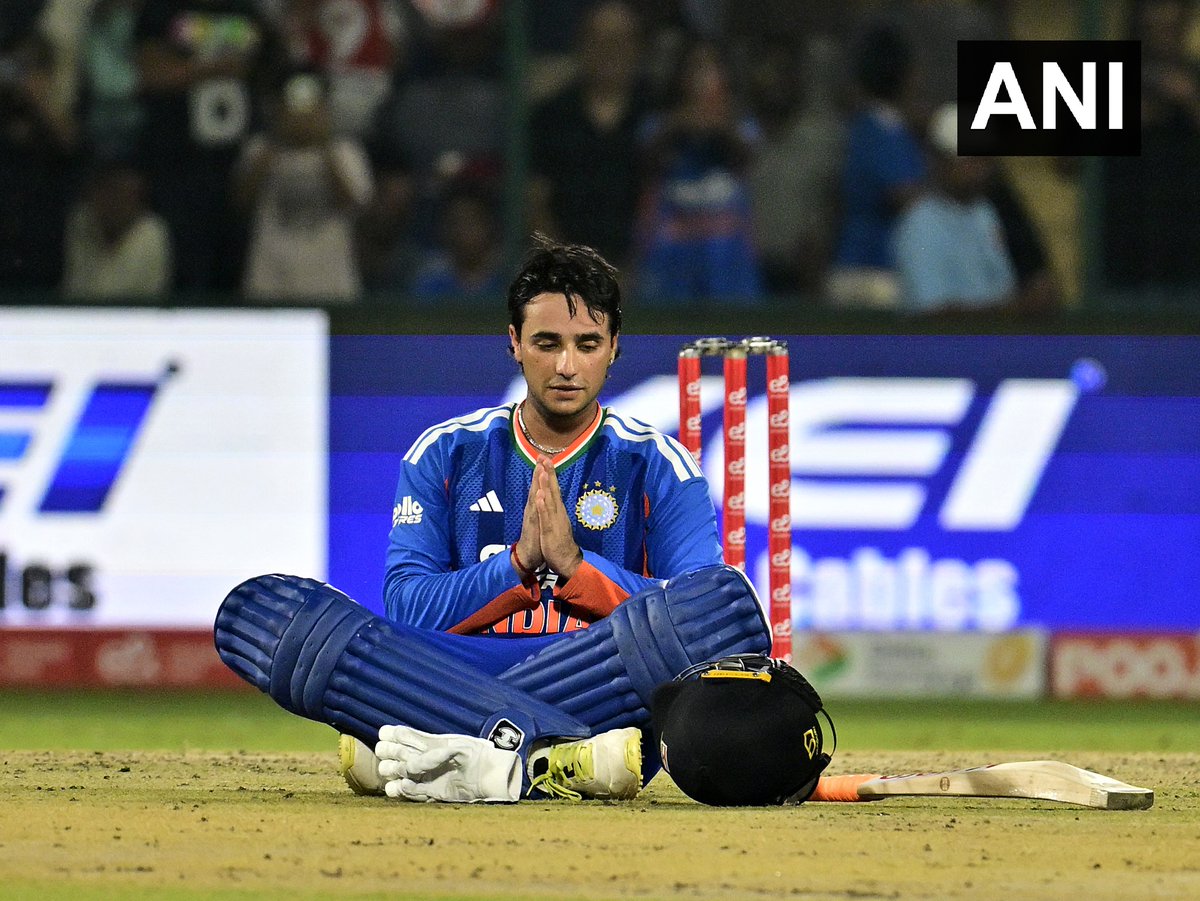 ANI's tweet photo. India vs Afghanistan, 3rd T20 | Abhishek Sharma hit an explosive 30-ball century against Afghanistan at Arun Jaitley Stadium, Delhi. India 185-3(15.1)

(Pics: ANI Picture Service) https://t.co/zkb5vIZoER