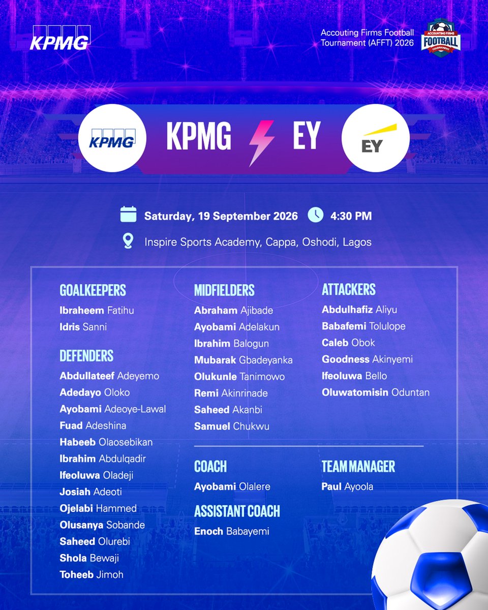 KPMG_NG's tweet photo. Fresh off another 5-0 victory, Team KPMG returns to the pitch for its final group stage fixture at the Accounting Firms Football Tournament this Saturday. ⚽ https://t.co/OIjAlh32R9