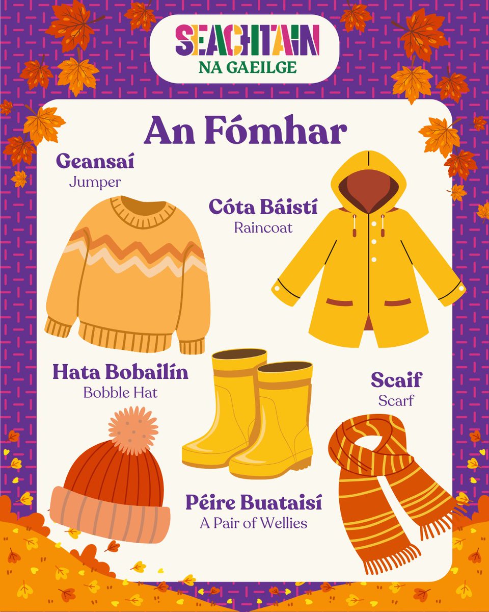SnaGaeilge's tweet photo. Leis an aimsir ag éirí níos fuaire, seans go mbeidh na héadaí seo de dhíth agus tú amuigh faoin aer! 🥶🍂

#Gaeilge #Irish #IrishLanguage #StórFocal #LearnIrish #Foghlaim #Foclóir #AnFómhar #Autumn https://t.co/dmNhY5mAU0