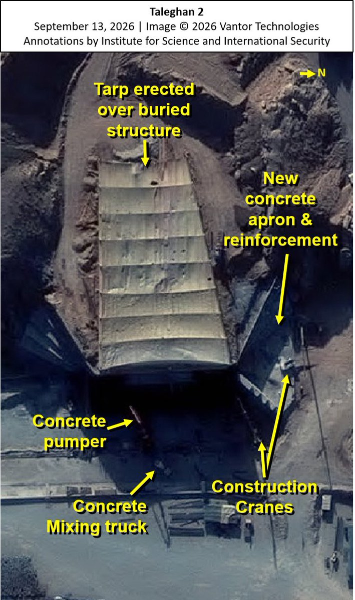 TheGoodISIS's tweet photo. New Imagery Update: Iran is Rapidly Reconstructing Taleghan 2

@vantortech satellite imagery from September 13, 2026, shows that Iran is rapidly moving forward with the reconstruction of the Taleghan 2 facility located at the Parchin military complex.  Iran has erected a tarp above the destroyed hardened buried facility, hiding the reconstruction activity that is occurring underneath from satellite view or aerial reconnaissance.  Significant activity can be seen throughout the construction site.  Construction vehicles, including dump trucks, bulldozers, concrete pump trucks and concrete mixers, and cranes, are actively working to rebuild the facility.  Repair and rehabilitation work began in June 2026, first with Iran repairing and placing concrete caps over the penetration holes caused by the multiple bunker buster weapons dropped on the facility.  Iran has also built a new concrete apron reinforcement on the right side of the facility, the one on the left side that we noted in our July 2026 update now appears complete.  This will provide additional blast protection from an aerial attack. 

Link to our full report here: https://t.co/0j4sJwBMlB