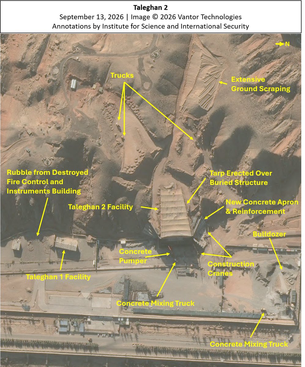 TheGoodISIS's tweet photo. New Imagery Update: Iran is Rapidly Reconstructing Taleghan 2

@vantortech satellite imagery from September 13, 2026, shows that Iran is rapidly moving forward with the reconstruction of the Taleghan 2 facility located at the Parchin military complex.  Iran has erected a tarp above the destroyed hardened buried facility, hiding the reconstruction activity that is occurring underneath from satellite view or aerial reconnaissance.  Significant activity can be seen throughout the construction site.  Construction vehicles, including dump trucks, bulldozers, concrete pump trucks and concrete mixers, and cranes, are actively working to rebuild the facility.  Repair and rehabilitation work began in June 2026, first with Iran repairing and placing concrete caps over the penetration holes caused by the multiple bunker buster weapons dropped on the facility.  Iran has also built a new concrete apron reinforcement on the right side of the facility, the one on the left side that we noted in our July 2026 update now appears complete.  This will provide additional blast protection from an aerial attack. 

Link to our full report here: https://t.co/0j4sJwBMlB