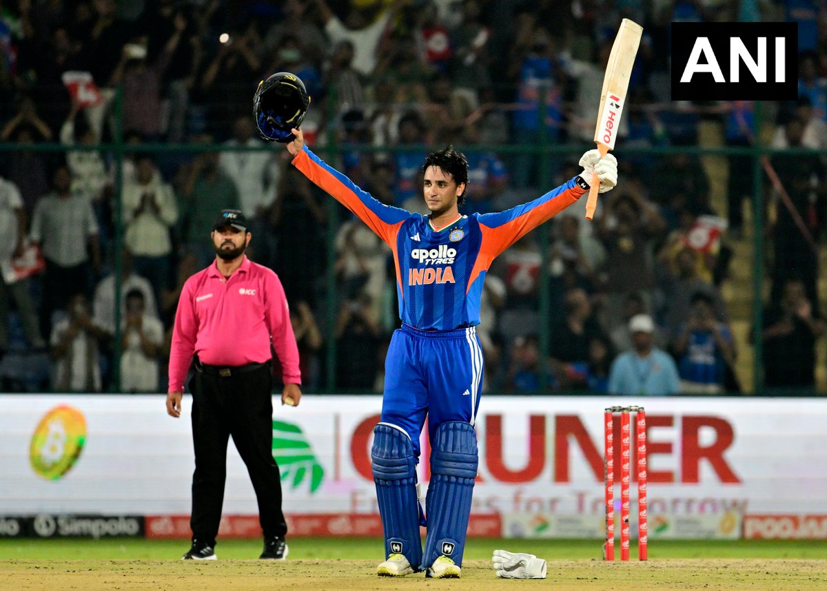 ANI's tweet photo. India vs Afghanistan, 3rd T20 | Abhishek Sharma hit an explosive 30-ball century against Afghanistan at Arun Jaitley Stadium, Delhi. India 185-3(15.1)

(Pics: ANI Picture Service) https://t.co/zkb5vIZoER