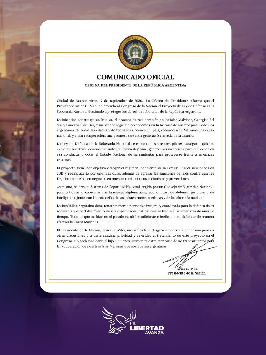 LLibertadAvanza's tweet photo. EL PROYECTO DE DEFENSA DE LA SOBERANÍA NACIONAL AVANZA. VLLC!!! https://t.co/FSD8xtMyYp