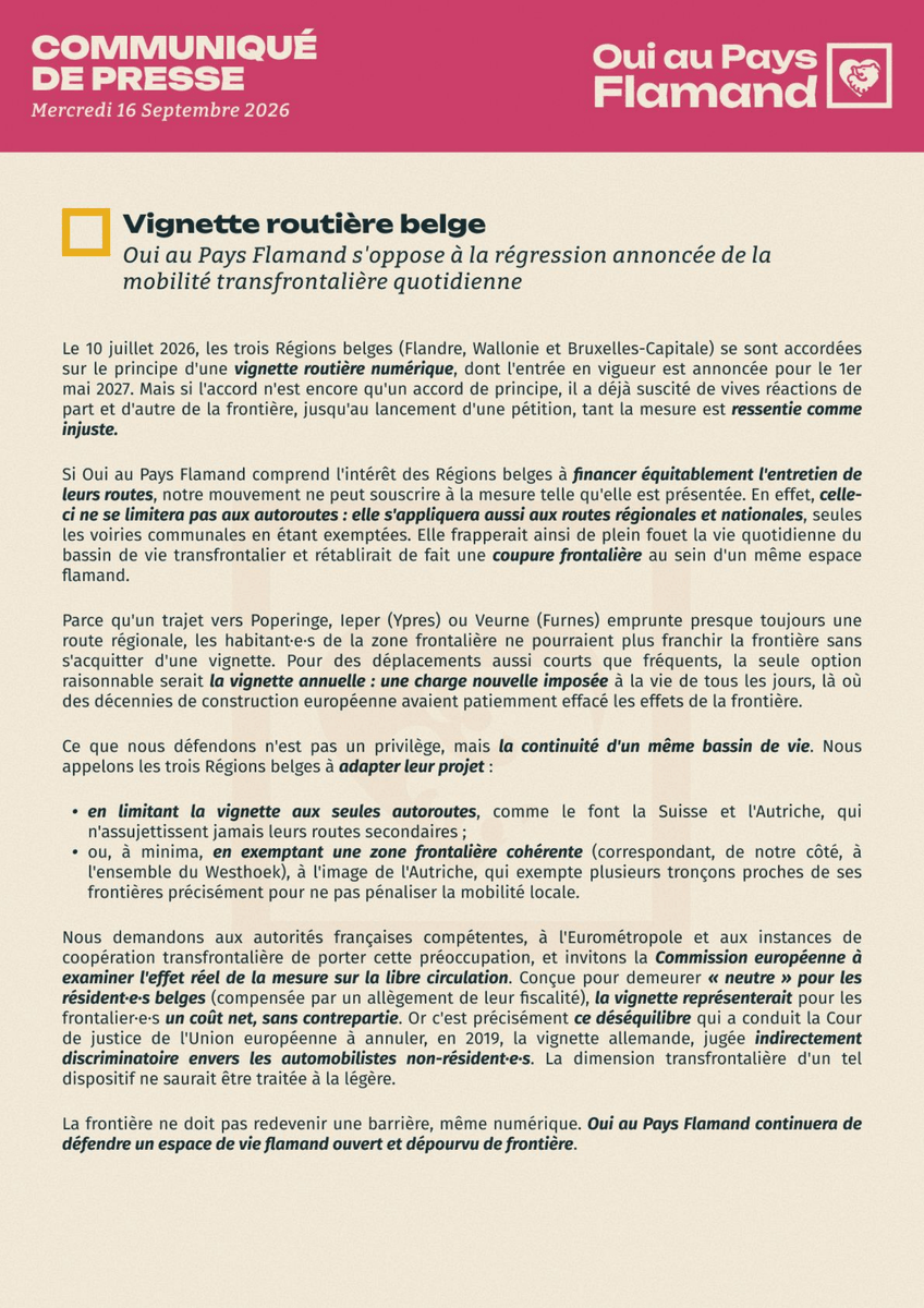 OuiPaysFlamand's tweet photo. Communiqué 📢:  Oui au Pays Flamand s'oppose en l'état à la vignette routière belge qui préfigure une régression annoncée de la mobilité transfrontalière quotidienne en #Flandre. https://t.co/GJBbdz32xQ