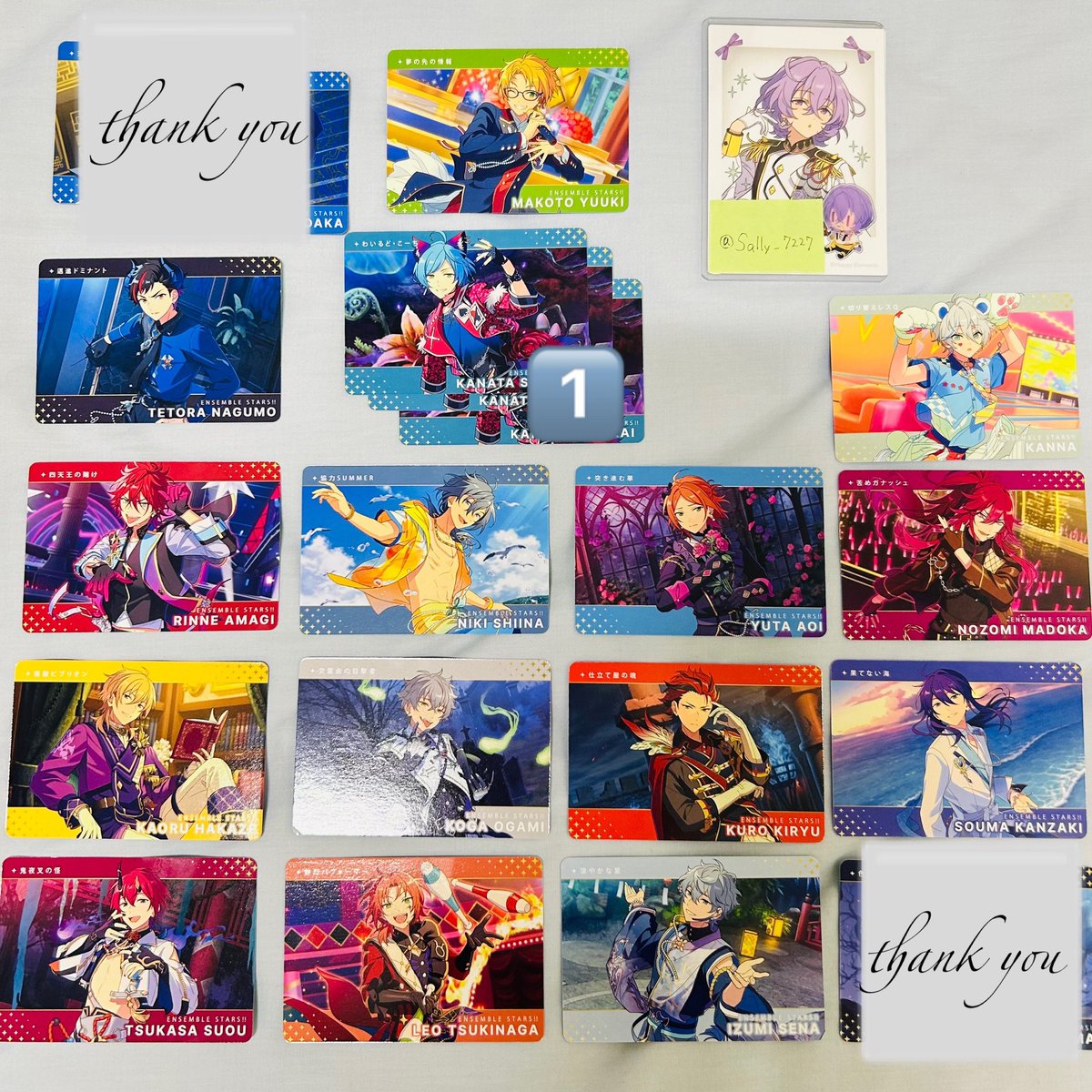 Sally_7227's tweet photo. 【交換】あんスタ カードダス 

【譲】
R: スバル
N: 真 鉄虎 奏汰 燐音 ニキ ゆうた 薫 晃牙 紅郎 颯馬 望見 司 レオ 泉 カンナ

【求】
R: 創 ユメ
N: ユメ(ユメ含む場合は 渉1) > 定価(＋送料)

郵送or都内手渡し
R1 ⇔ N2-3枚◎
お気軽にお声掛けくださいませ🌸 https://t.co/7IfbWCw4iv