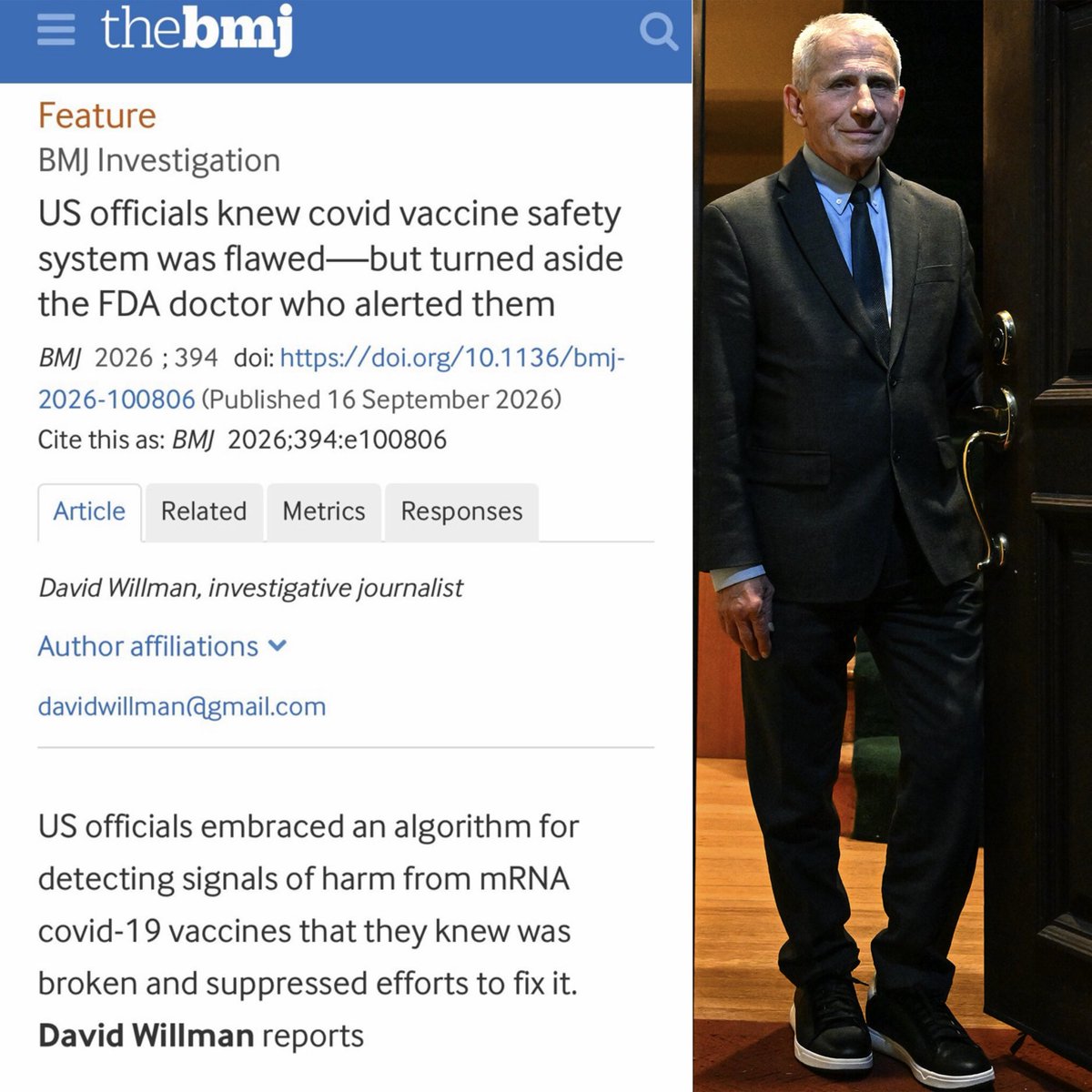 liz_churchill10's tweet photo. War Crimes Update: Fauci sold ‘safe and effective’ while the alarm system that proved him wrong was left broken on purpose…

“US officials embraced an algorithm for detecting signals of harm from mRNA covid-19 vaccines that they knew was broken and suppressed efforts to fix it” https://t.co/yMVCtTHXOP