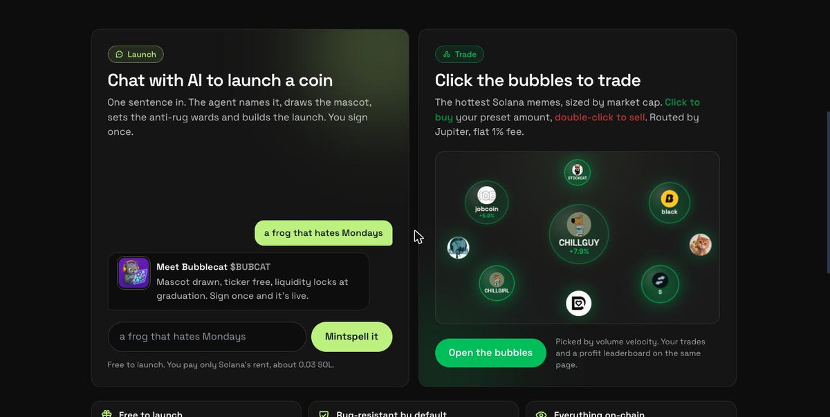 mintspellfun's tweet photo. New look ✨

https://t.co/AfwvWLd99t is now built around the two things it does:

💬 Chat with AI to launch a Solana coin. One sentence, one signature.
🫧 Tap the bubbles to trade the hottest memes. Tap to buy, double-tap to sell.

Bigger text, cleaner cards, light & dark mode. Same 1% flat fee, same wards.