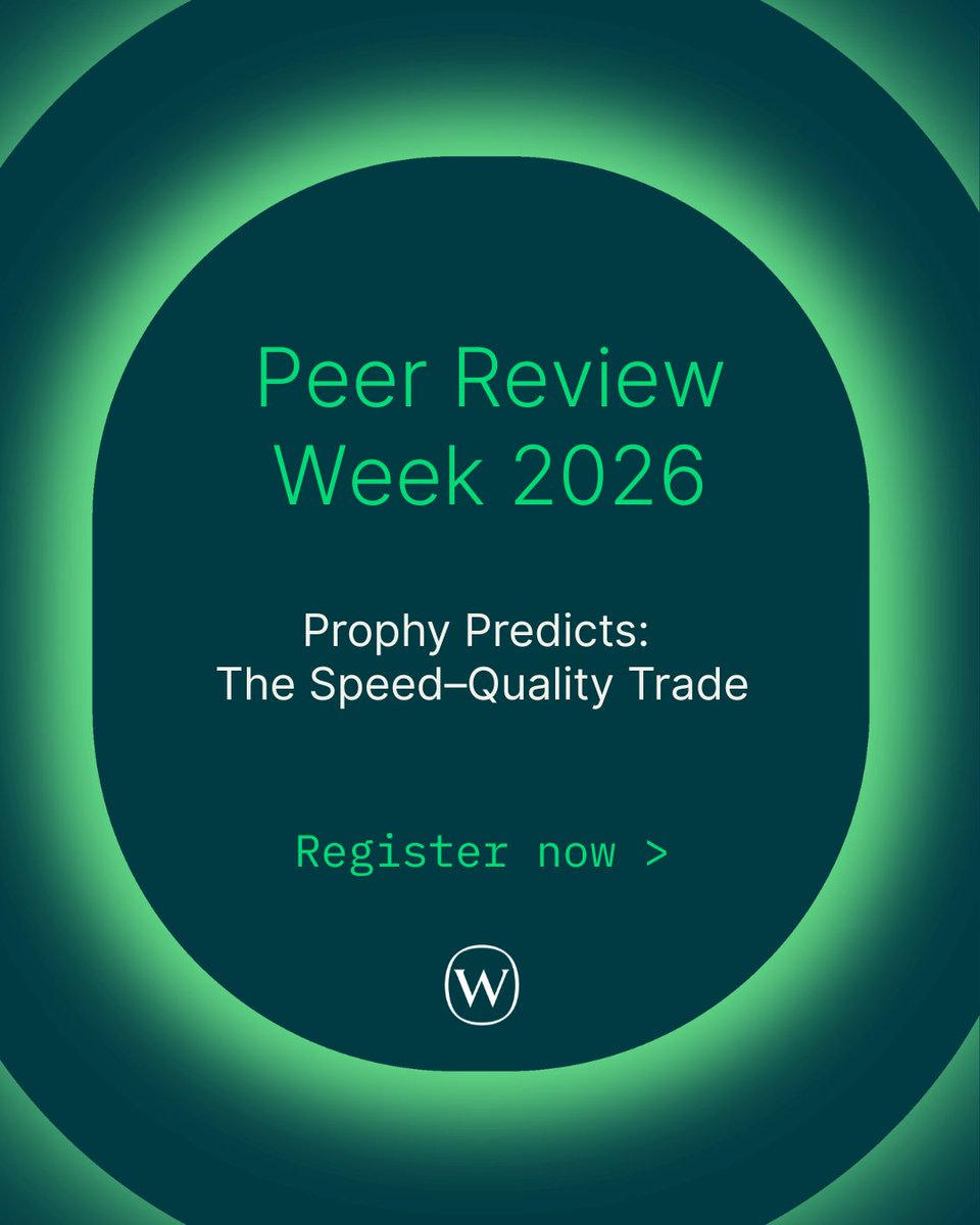 A promotional poster for Peer Review Week 2026 featuring the text: "Prophy Predicts: The Speed-Quality Trade." It includes a call to action, "Register now," with a stylized "W" logo at the bottom. The background features an abstract gradient design.