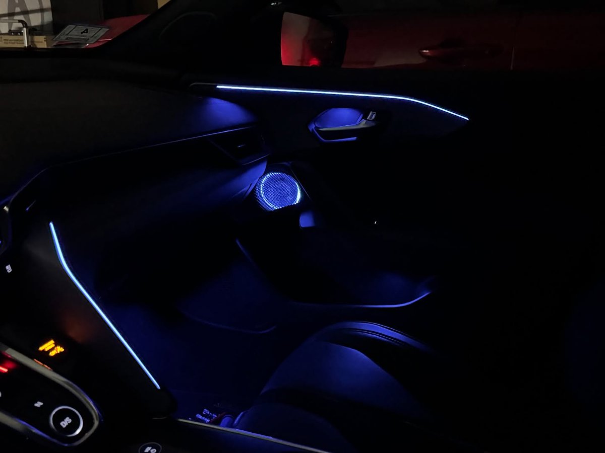 LakeshiaCafaea's tweet photo. Added OEM speaker and door pocket lights to the 2025 TLX Type S. They work with all OEM lighting settings. Cleaned up the harness in the last photo. Center console pockets are next once the parts and connectors arrive. https://t.co/JRNbFCePHQ