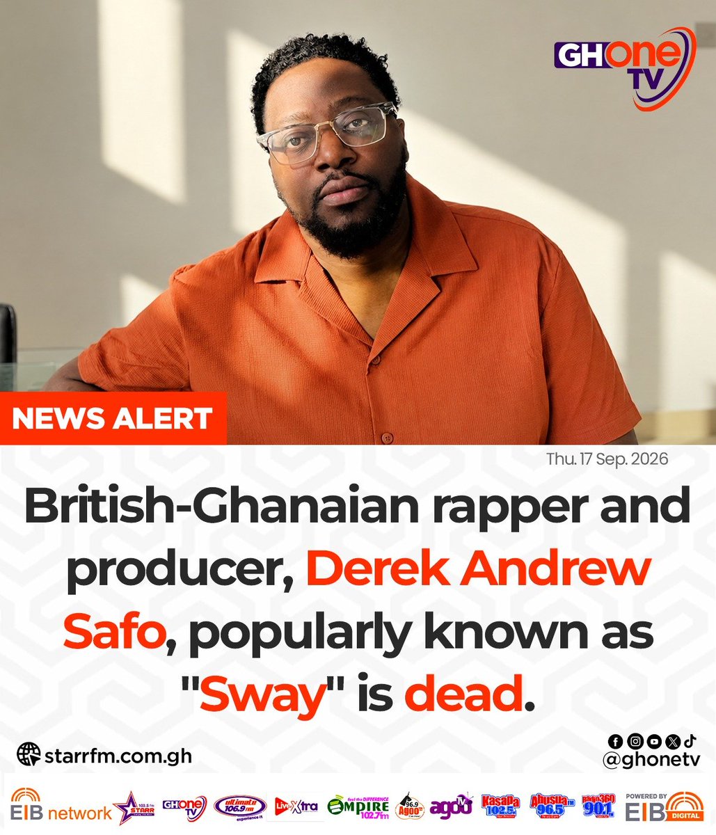 ghonetv's tweet photo. British-Ghanaian rapper and producer, Derek Andrew Safo, popularly known as "Sway" is dead...

#EIBNetwork #GHOneTV 
#GHOneNews #NewsAlert https://t.co/iVIh8PxJg3