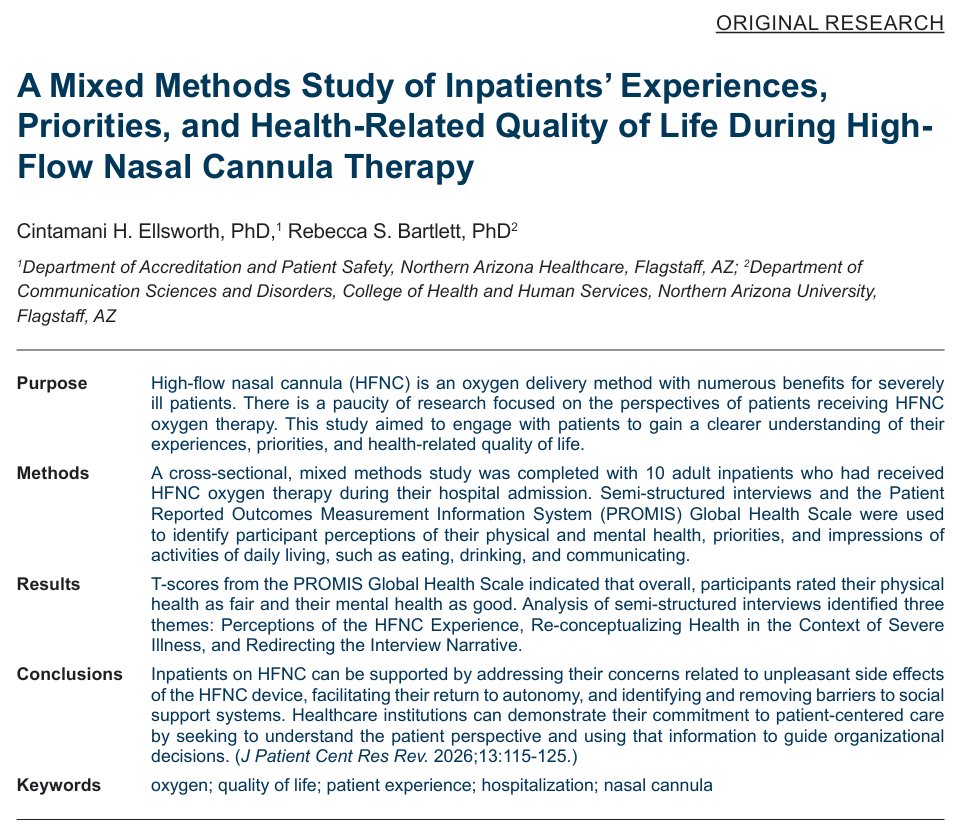 JPCRR's tweet photo. High-flow nasal cannula (HFNC) is a type of oxygen therapy that helps very ill patients breathe better, but how do patients feel about this therapy? What's their #QualityOfLife? Check out this new #MixedMethods original research article in JPCRR: https://t.co/d4VWqsSXXz https://t.co/vynHcp5Z0v