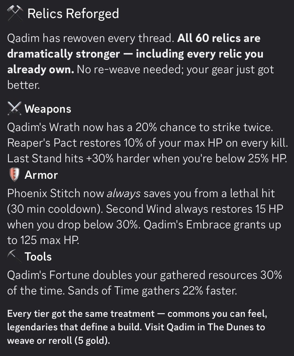 voldani_'s tweet photo. Relics just got a MASSIVE upgrade in @PlayKintara. 🔥

All 60 Relics are now stronger — including the ones you already own.

⚔️ Weapons hit harder
🛡️ Armor keeps you alive longer
⛏️ Tools make gathering more rewarding

No re-weave needed. 👀👇🏼 https://t.co/5WnnICoX5x