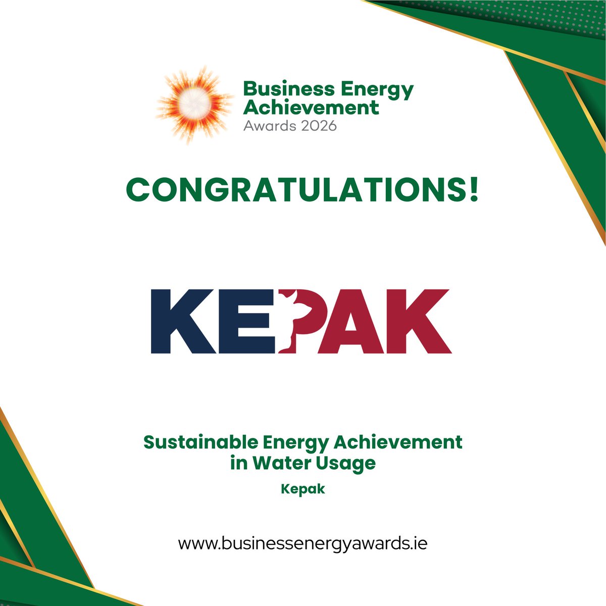 BizEnergyAwards's tweet photo. The Sustainable Energy Achievement in Water Usage award goes to Kepak at the Business Energy Achievement Awards 2026. Congratulations to a team showing what responsible water and energy management looks like in practice. Browse the full winners list at https://t.co/0jJF4y6Aw2. https://t.co/5lAyVvKJG8
