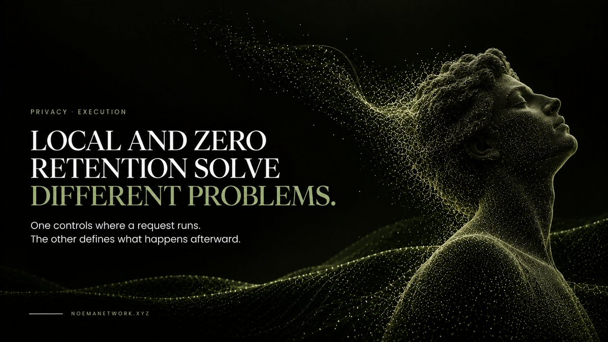 noemanetwork's tweet photo. Local execution asks: Does this request need to leave my hardware at all?

Zero retention asks: If it runs remotely, what happens to the request afterward?

Both can matter, but they solve different problems. Privacy becomes easier to reason about when those differences are made explicit.