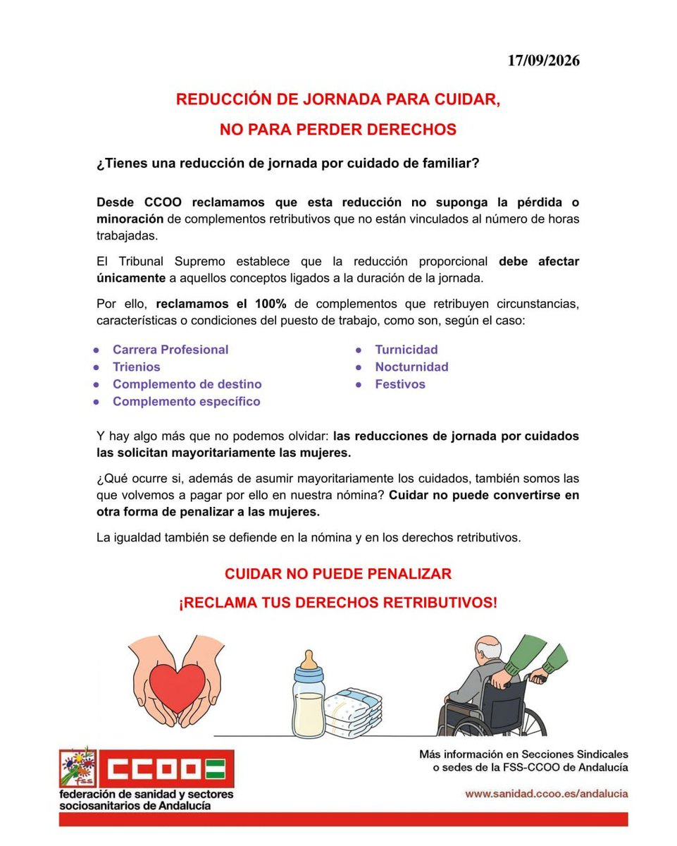 ccoohucs's tweet photo. 🤲 ¿Tienes una reducción de jornada por cuidado de familiar?

👎 Cuidar no puede suponer reducciones de salario indebidas que penalizan sobre todo a las mujeres

➡️ Y no te olvides: ¡Acude a tu representante sindical de CCOO para que te asesore! https://t.co/kKHwLrmCJi